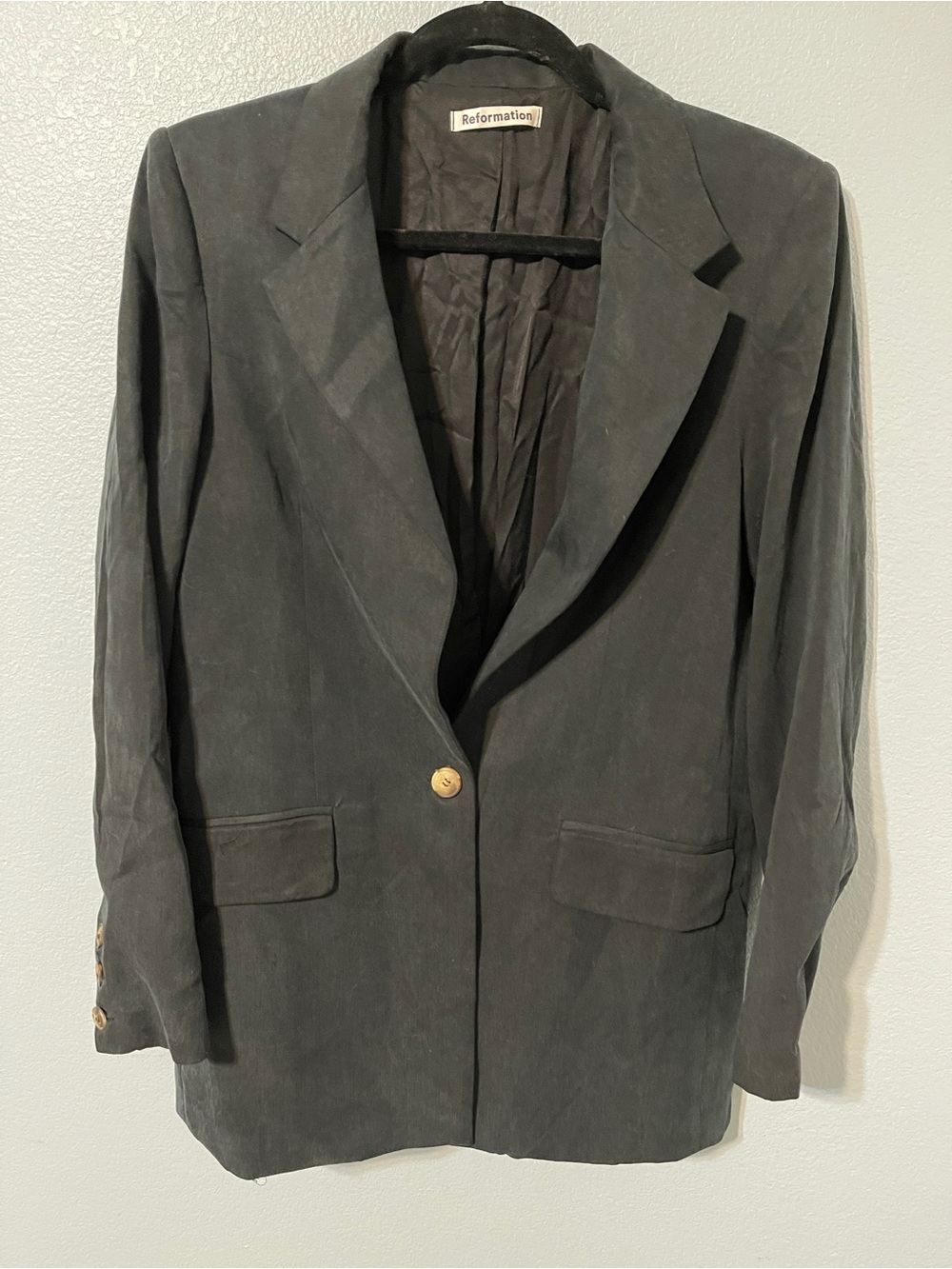 Reformation Black Blazer Gold Button Single Breasted Oversized Tencel Large USA